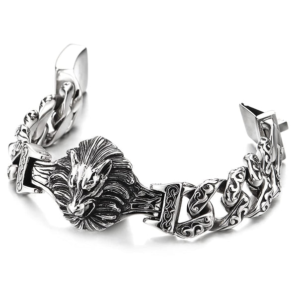 Mens Large Steel King Lion Head Tribal Tattoo Pattern Fancy Curb Chain Bracelet, Biker - COOLSTEELANDBEYOND Jewelry