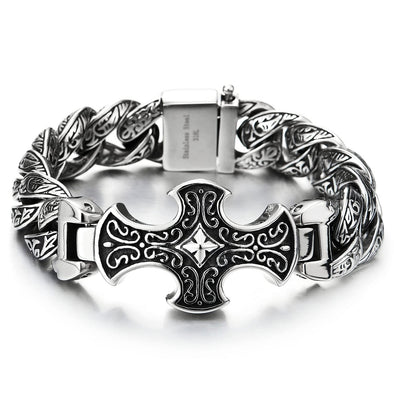 Mens Large Steel Tribal Tattoo Pattern Vintage Cross ID Identification Fancy Curb Chain Bracelet - COOLSTEELANDBEYOND Jewelry