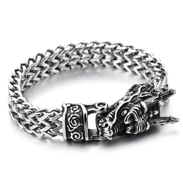 Mens Large Steel Vintage Dragon Square Franco Chain Curb Chain Bracelet, 8.5 Inches Long, Masculine
