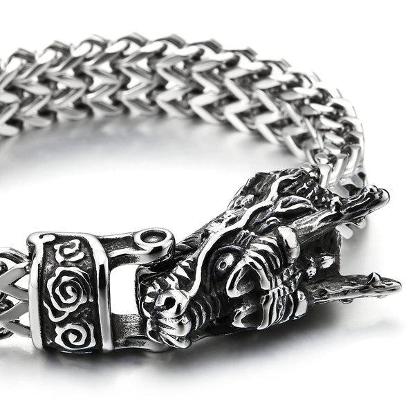 Mens Large Steel Vintage Dragon Square Franco Chain Curb Chain Bracelet, 8.5 Inches Long, Masculine - COOLSTEELANDBEYOND Jewelry
