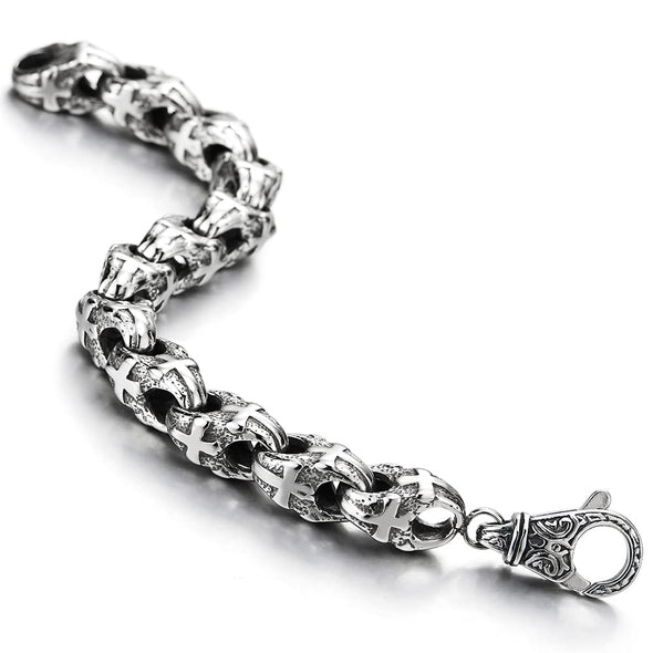 Mens Masculine Large Stainless Steel Cross Link Chain Bracelet with Lobster Claw Clasp - COOLSTEELANDBEYOND Jewelry