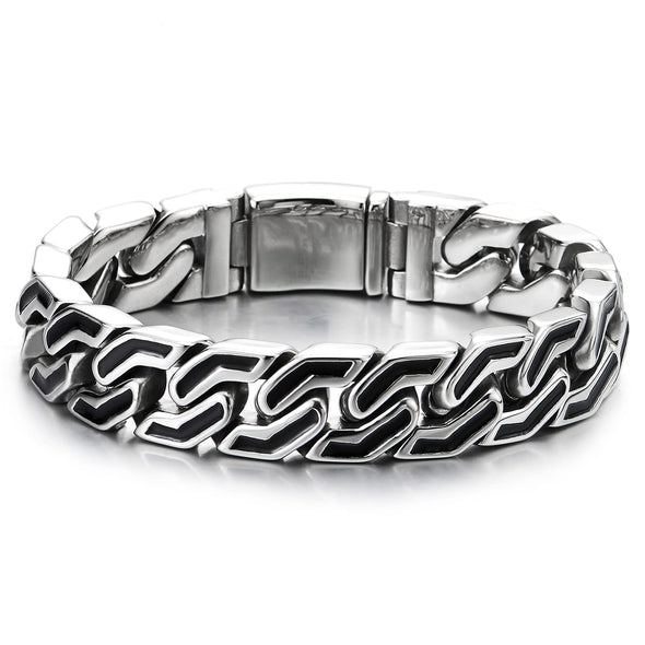 Mens Masculine Steel Irregular Geometric Curb Chain Bracelet with Black Enamel and Spring Box Clasp
