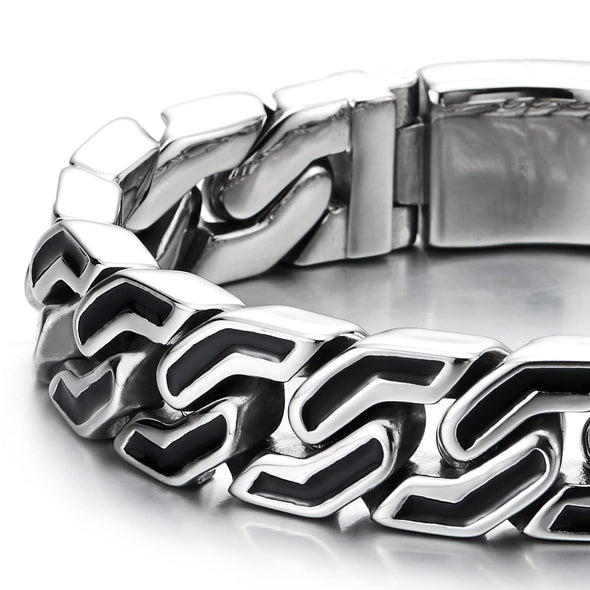 Mens Masculine Steel Irregular Geometric Curb Chain Bracelet with Black Enamel and Spring Box Clasp