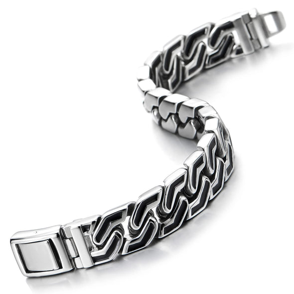 Mens Masculine Steel Irregular Geometric Curb Chain Bracelet with Black Enamel and Spring Box Clasp