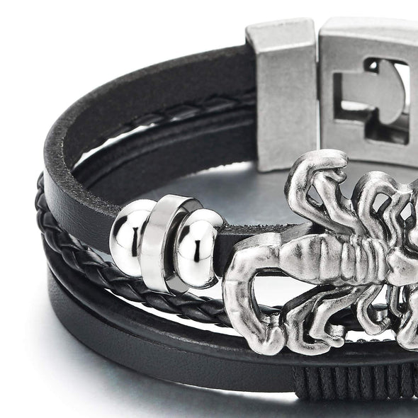 Mens Multi-Strand Black Leather Bangle Wrap Wristband Bracelet with Vintage Scorpion and Beads - coolsteelandbeyond