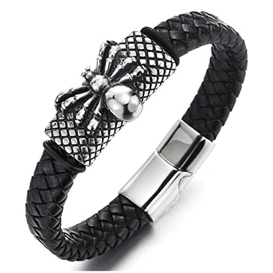 Mens Special Steel Spider ID Identification Braided Black Leather Bangle Bracelet, Magnetic Clasp - COOLSTEELANDBEYOND Jewelry