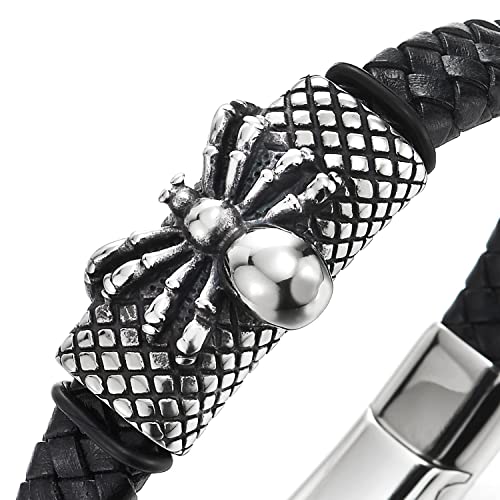 Mens Special Steel Spider ID Identification Braided Black Leather Bangle Bracelet, Magnetic Clasp - COOLSTEELANDBEYOND Jewelry