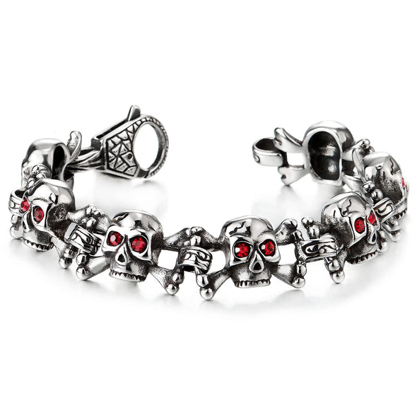 Mens Stainless Steel Bone Skull Link Bracelet with Red Cubic Zirconia Biker Gothic Style - COOLSTEELANDBEYOND Jewelry