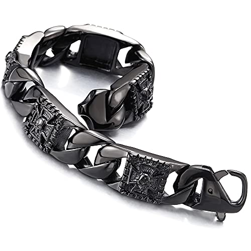 Mens Stainless Steel Curb Chain Bracelet with Cross and Skull, Biker Gothic, Vintage Polished - COOLSTEELANDBEYOND Jewelry