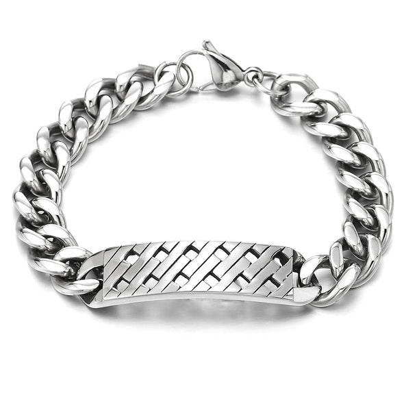 Mens Stainless Steel Curb Chain Grid Hollow ID Identification Bangle Bracelet, Fashion Cool - COOLSTEELANDBEYOND Jewelry