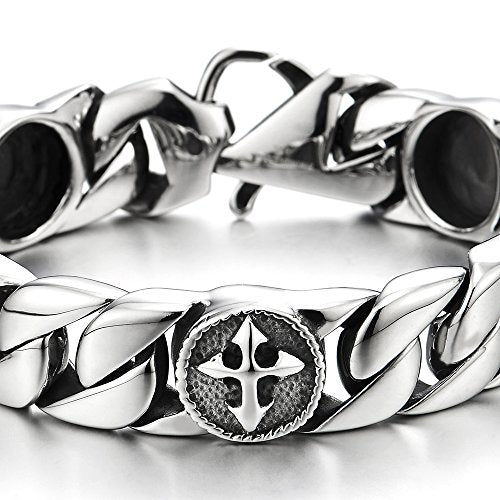 Mens Stainless Steel Curb Chain Link Bracelet with Vintage Cross Charms - COOLSTEELANDBEYOND Jewelry