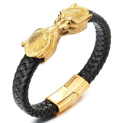 Mens Stainless Steel Gold Color Two Wolf Head Black Braided Leather Bangle Bracelet, Magnetic Clasp - COOLSTEELANDBEYOND Jewelry