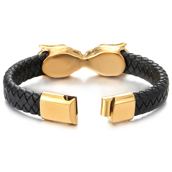 Mens Stainless Steel Gold Color Two Wolf Head Black Braided Leather Bangle Bracelet, Magnetic Clasp - COOLSTEELANDBEYOND Jewelry