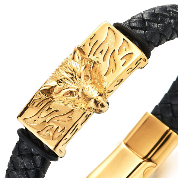 Mens Stainless Steel Gold Color Wolf Head Bracelet, Black Braided Leather Bangle Wristband