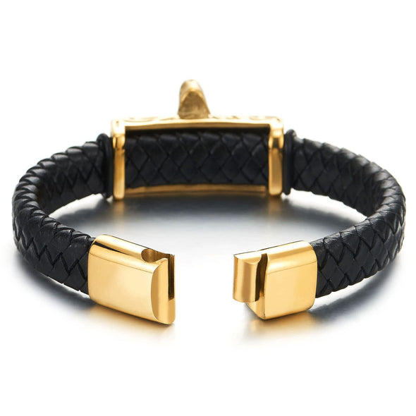 Mens Stainless Steel Gold Color Wolf Head Bracelet, Black Braided Leather Bangle Wristband