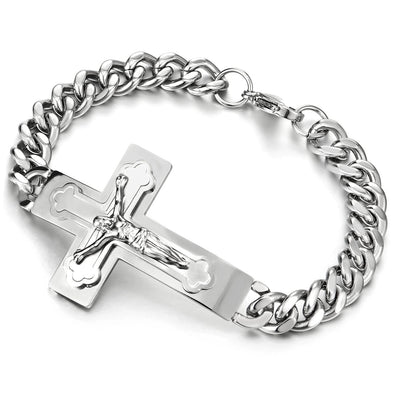 Mens Stainless Steel Jesus Chris Crucifix Cross Bracelet Curb Chain Silver Color Polished - COOLSTEELANDBEYOND Jewelry