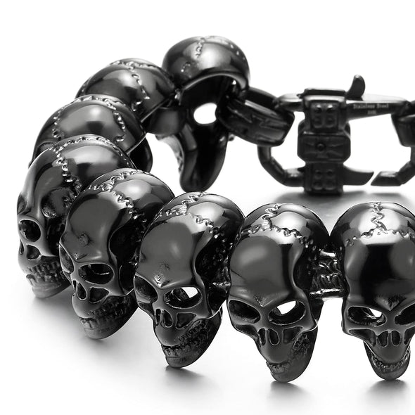 Mens Stainless Steel Large Skull Link Bracelet Biker Gothic Style Silver Color High Polished - COOLSTEELANDBEYOND Jewelry