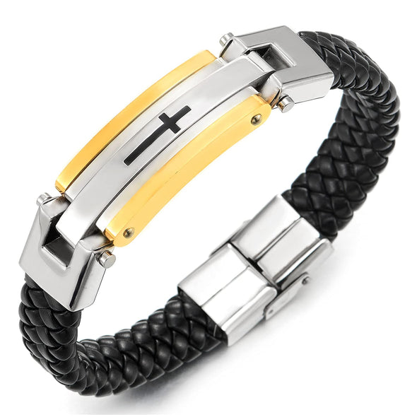 Mens Stainless Steel Silver Gold Cross ID Identification Black Braided Leather Bangle Bracelet - COOLSTEELANDBEYOND Jewelry