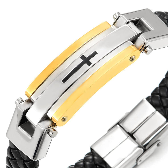 Mens Stainless Steel Silver Gold Cross ID Identification Black Braided Leather Bangle Bracelet - COOLSTEELANDBEYOND Jewelry