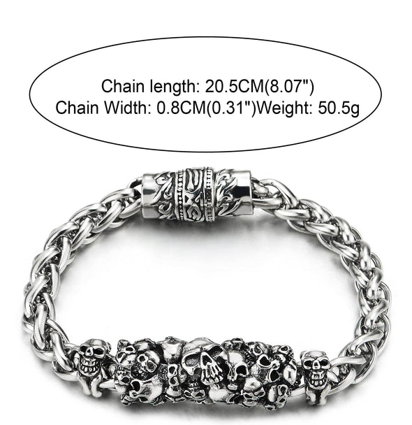 Mens Steel Braided Link Wheat Chain Bracelet with Charm of Skulls and Skeleton, Magnetic Clasp - COOLSTEELANDBEYOND Jewelry