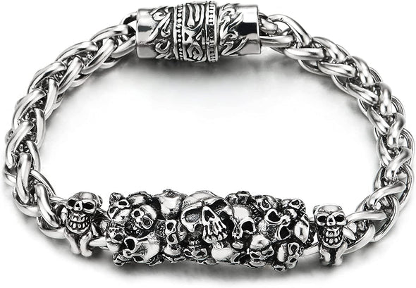 Mens Steel Braided Link Wheat Chain Bracelet with Charm of Skulls and Skeleton, Magnetic Clasp - COOLSTEELANDBEYOND Jewelry