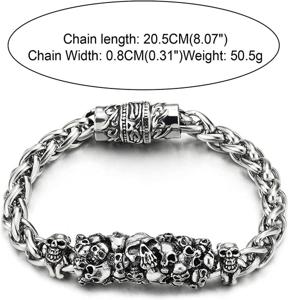 Mens Steel Braided Link Wheat Chain Bracelet with Charm of Skulls and Skeleton, Magnetic Clasp - COOLSTEELANDBEYOND Jewelry