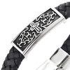 Mens Steel Cross Tribal Tattoo Graphic Pattern ID Identification Black Braided Leather Bracelet - coolsteelandbeyond