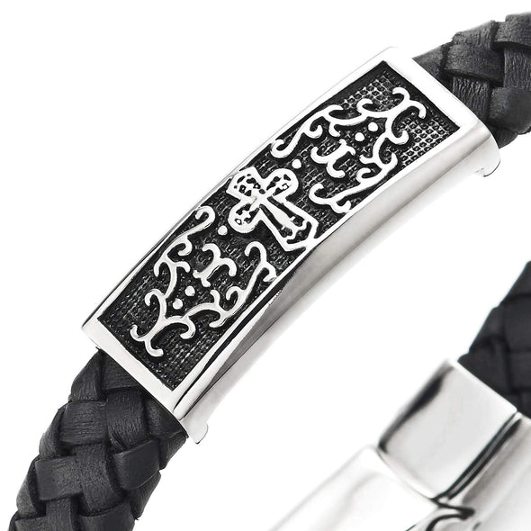 Mens Steel Cross Tribal Tattoo Graphic Pattern ID Identification Black Braided Leather Bracelet - coolsteelandbeyond