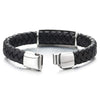 Mens Steel Cross Tribal Tattoo Graphic Pattern ID Identification Black Braided Leather Bracelet - coolsteelandbeyond