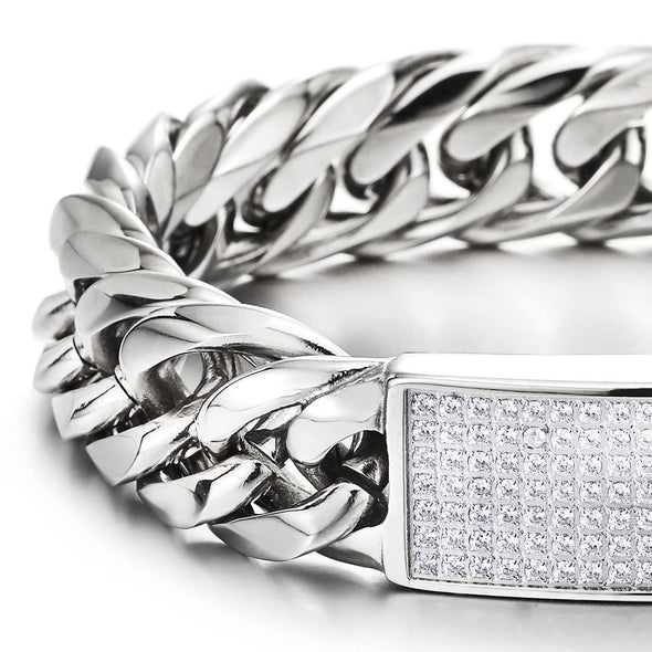 Mens Steel Curb Chain Bracelet with Cubic Zirconia Pave Spring Box Clasp, High Polished, Masculine