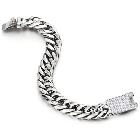 Mens Steel Curb Chain Bracelet with Cubic Zirconia Pave Spring Box Clasp, High Polished, Masculine