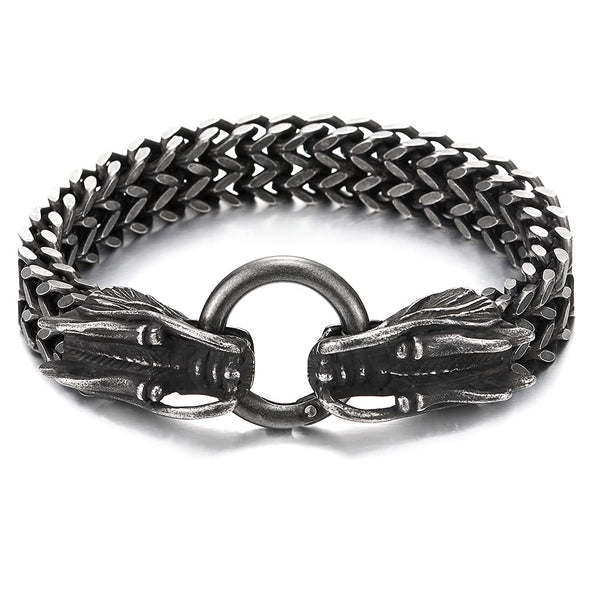 Mens Steel Dragon Heads Square Franco Chain Curb Chain Bracelet, Old Metal Solid Charcoal Gray - COOLSTEELANDBEYOND Jewelry