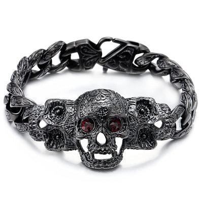 Mens Steel Fancy Curb Chain Bracelet with Vintage Sugar Skulls Charm Cubic Zirconia Eyes - COOLSTEELANDBEYOND Jewelry