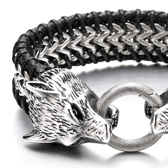 Mens Steel Franco Link Chain Interwoven Black Leather Bracelet Double Wolf Heads Spring Ring Clasp - COOLSTEELANDBEYOND Jewelry