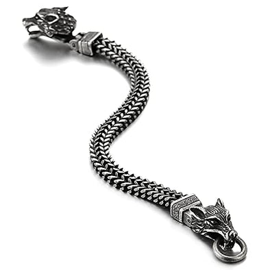 Mens Steel Franco Link Curb Chain Bracelet, Wolf Head Spring Ring Clasp, 8.7 in, Old Metal Finished - COOLSTEELANDBEYOND Jewelry