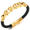 Mens Steel Gold Motorcycle Bike Chain Black Braided Leather Bangle Bracelet, Spring Clasp - COOLSTEELANDBEYOND Jewelry