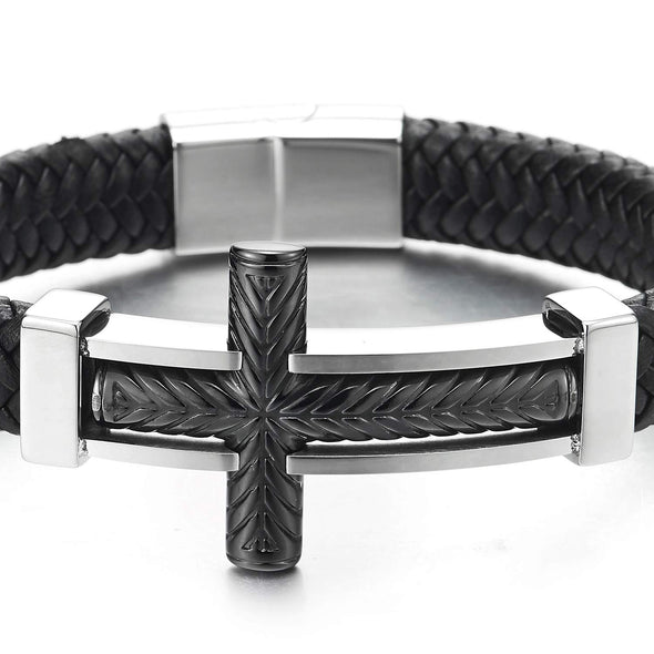 Mens Steel Horizontal Sideway Lateral Cross Silver Black ID Identify Black Braided Leather Bracelet - coolsteelandbeyond