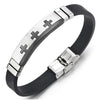 Mens Steel Silver Black Cross ID Identification Black Silicone Bracelet Wristband, Buckle Clasp - coolsteelandbeyond