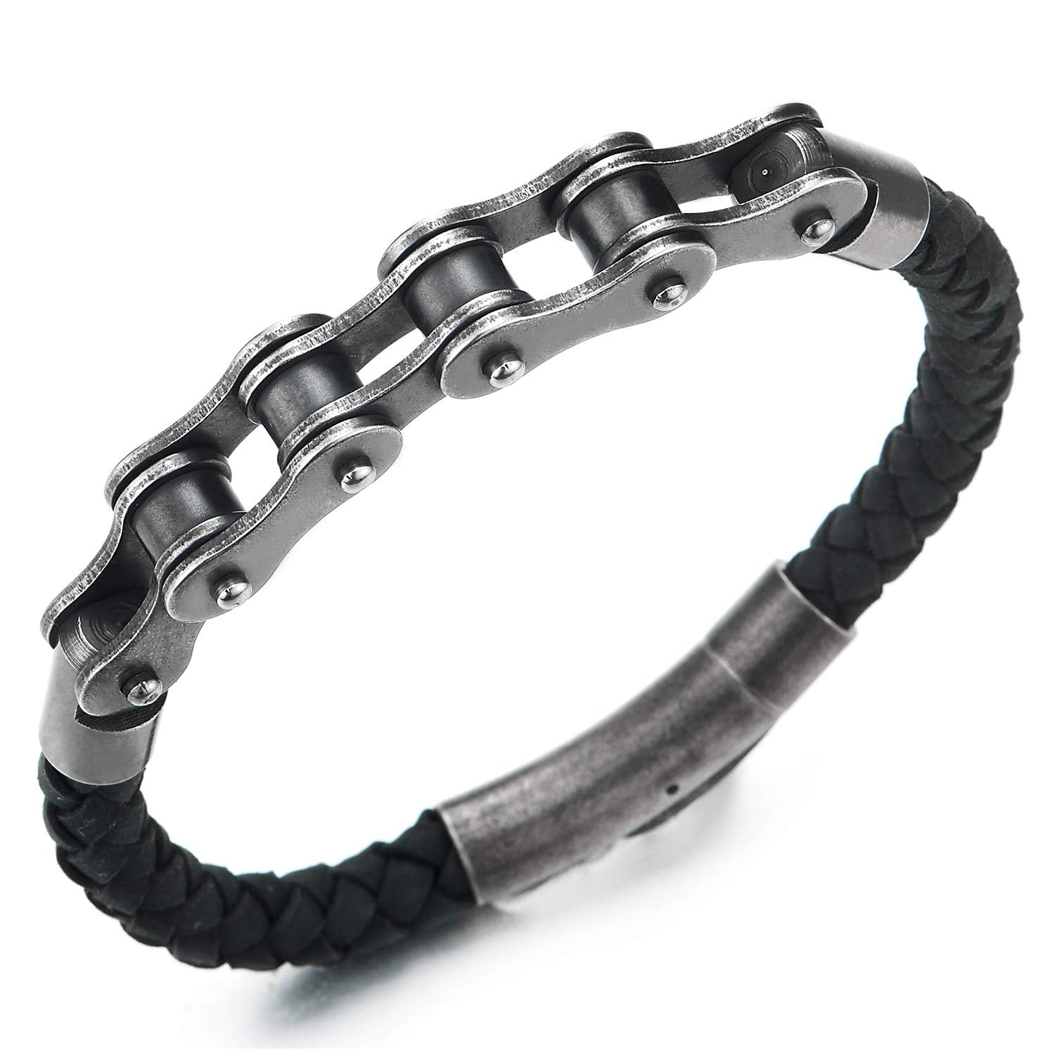 Mens Steel Silver Black Motorcycle Bike Chain Black Braided