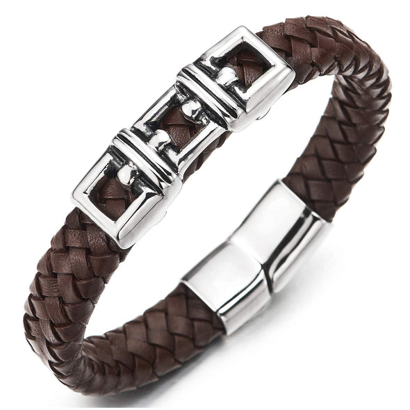 Mens Steel Square Buckle Lock Charms Brown Leather Bracelet Leather Wristband Bangle, Magnetic Clasp - coolsteelandbeyond