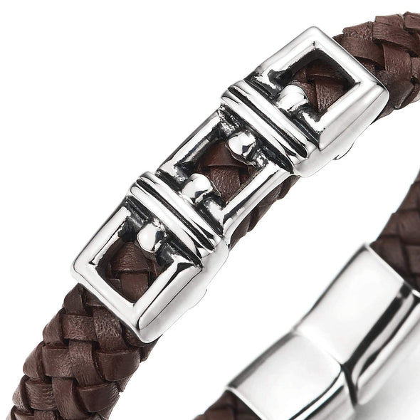 Mens Steel Square Buckle Lock Charms Brown Leather Bracelet Leather Wristband Bangle, Magnetic Clasp - coolsteelandbeyond