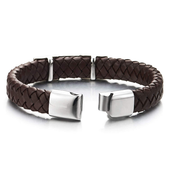 Mens Steel Square Buckle Lock Charms Brown Leather Bracelet Leather Wristband Bangle, Magnetic Clasp - coolsteelandbeyond