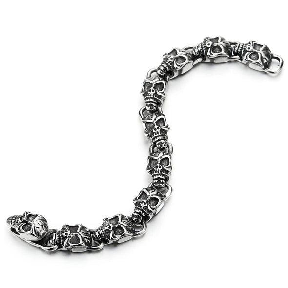 Mens Steel Vintage Fancy Crack Skulls Link Bracelet with Spring Hook Clasp, Retro Style, Masculine