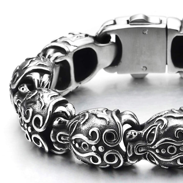 Mens Steel Vintage Fancy Tiger Head Link Bracelet with Tribal Tattoo Pattern, Retro Style, Masculine - coolsteelandbeyond