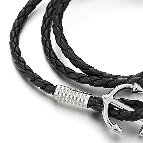 Mens Three-Lap Marine Anchor Wrap Bracelet Wristband with Nautical Sailor Leather Straps - coolsteelandbeyond