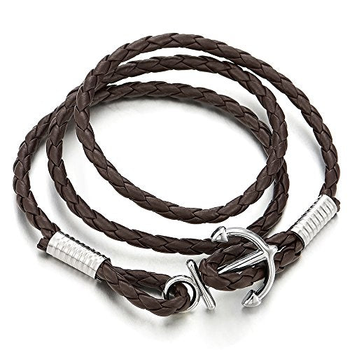 Mens Three-Lap Marine Anchor Wrap Bracelet Wristband with Nautical Sailor Leather Straps - coolsteelandbeyond