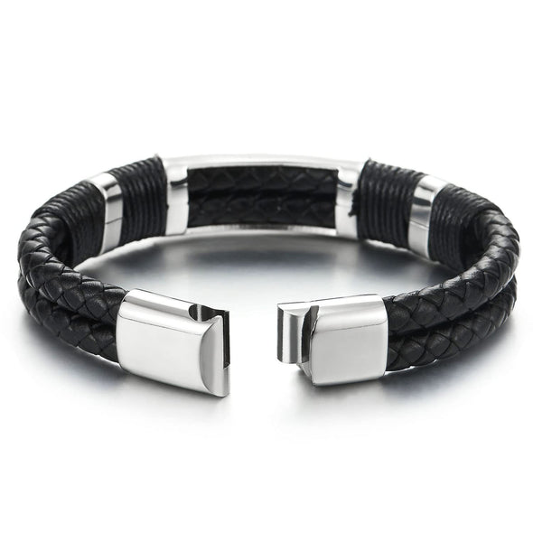 Mens Two-row Black Braided Leather Bangle Bracelet with Polished Steel Ornament ID Identify