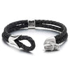 Mens Two-row Black Braided Leather Bangle Bracelet with Stainless Steel Hook of Dragon Head - coolsteelandbeyond