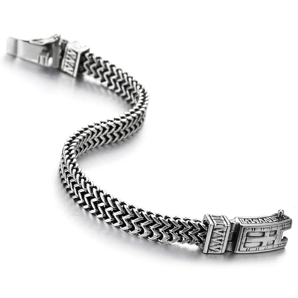 Mens Unique Steel Double Square Franco Chain Bracelet with Cross Spring Box Clasp Polished - COOLSTEELANDBEYOND Jewelry