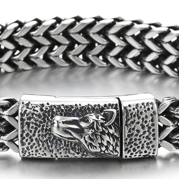 Mens Unique Steel Double Square Franco Chain Bracelet with Wolf Head Magnetic Box Clasp Polished - COOLSTEELANDBEYOND Jewelry